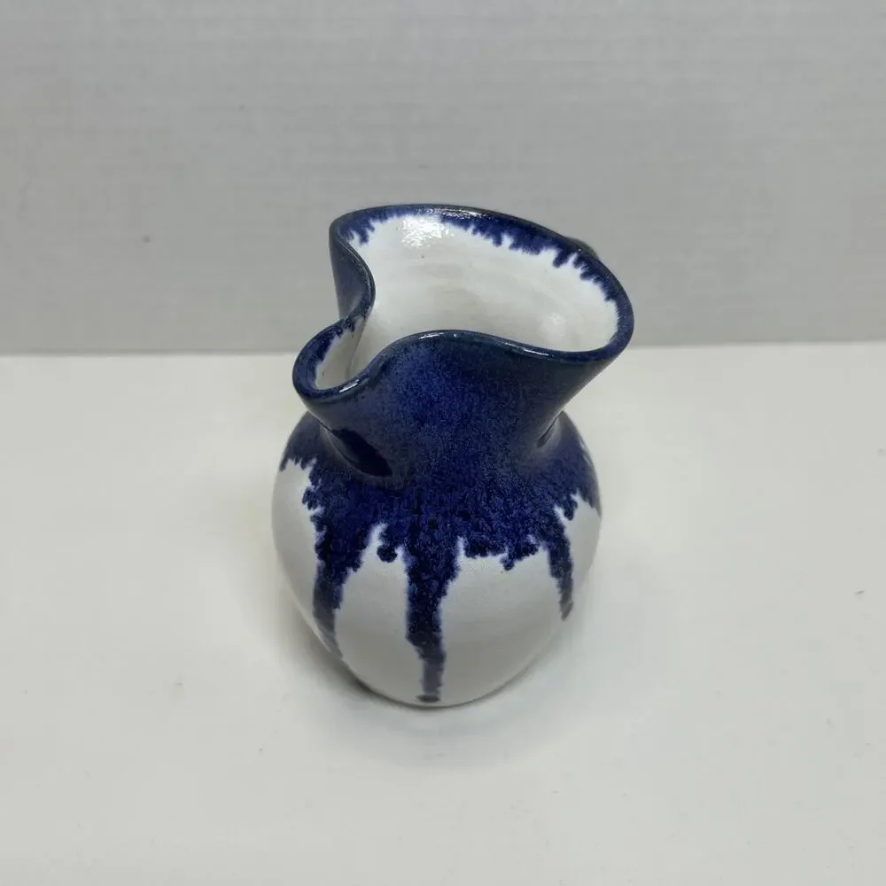Vtg Holly Hill Pottery Seagrove NC Cream Pitcher Blue Drip Glaze Over White ARB